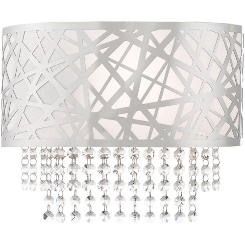 13 inch 1 Light Polished Chrome ADA Wall Sconce with Off-White Fabric Hardback Shade Inside & Clear Crystals Shade-Lighting LumensWall Sconces