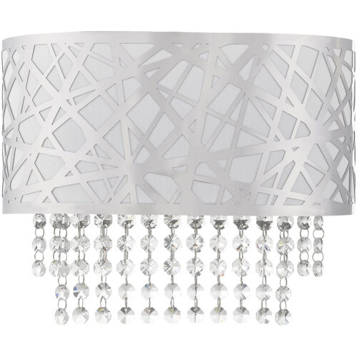 13 inch 1 Light Polished Chrome ADA Wall Sconce with Off-White Fabric Hardback Shade Inside & Clear Crystals Shade-Lighting LumensWall Sconces