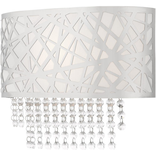 13 inch 1 Light Polished Chrome ADA Wall Sconce with Off-White Fabric Hardback Shade Inside & Clear Crystals Shade-Lighting LumensWall Sconces