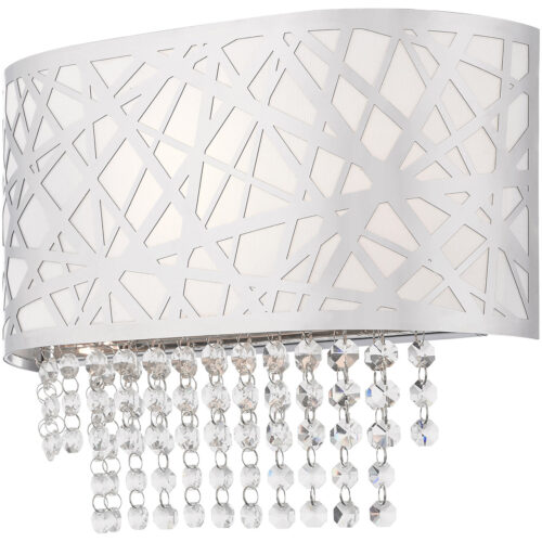 13 inch 1 Light Polished Chrome ADA Wall Sconce with Off-White Fabric Hardback Shade Inside & Clear Crystals Shade-Lighting LumensWall Sconces