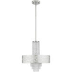 4 Light Polished Chrome Pendant Chandelier with Off-White Fabric Hardback Inside & Clear Crystals Shade-Lighting LumensChandeliers