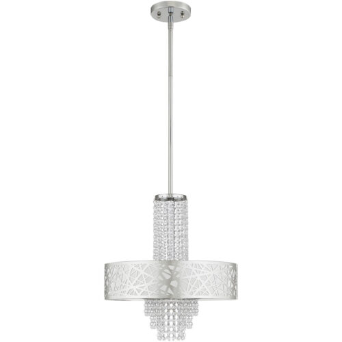 4 Light Polished Chrome Pendant Chandelier with Off-White Fabric Hardback Inside & Clear Crystals Shade-Lighting LumensChandeliers