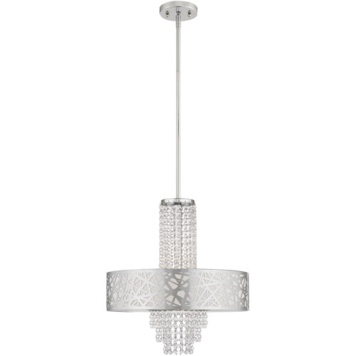 4 Light Polished Chrome Pendant Chandelier with Off-White Fabric Hardback Inside & Clear Crystals Shade-Lighting LumensChandeliers