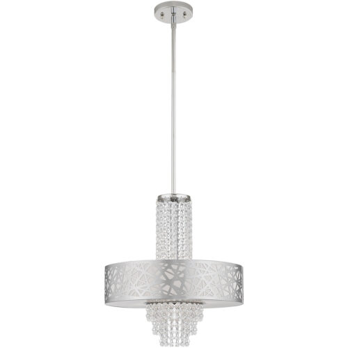 4 Light Polished Chrome Pendant Chandelier with Off-White Fabric Hardback Inside & Clear Crystals Shade-Lighting LumensChandeliers