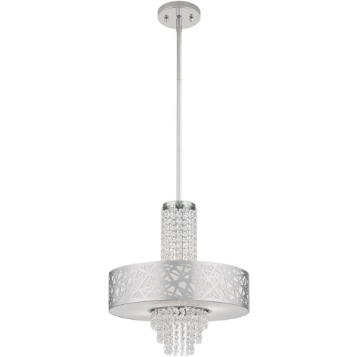 4 Light Polished Chrome Pendant Chandelier with Off-White Fabric Hardback Inside & Clear Crystals Shade-Lighting LumensChandeliers