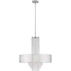 5 Light Polished Chrome Pendant Chandelier with Off-White Fabric Hardback Inside & Clear Crystals Shade-Lighting LumensChandeliers