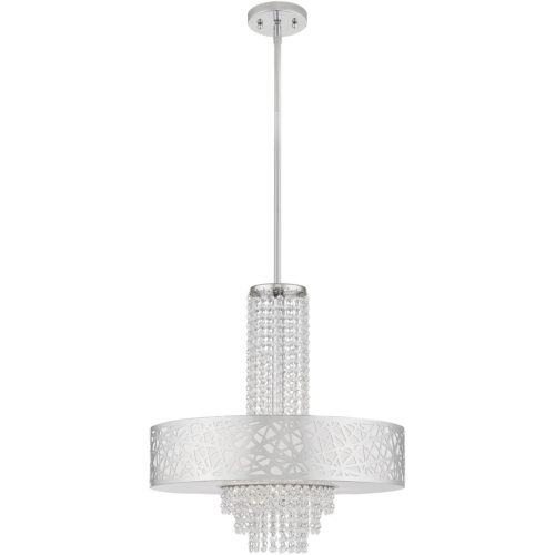 5 Light Polished Chrome Pendant Chandelier with Off-White Fabric Hardback Inside & Clear Crystals Shade-Lighting LumensChandeliers