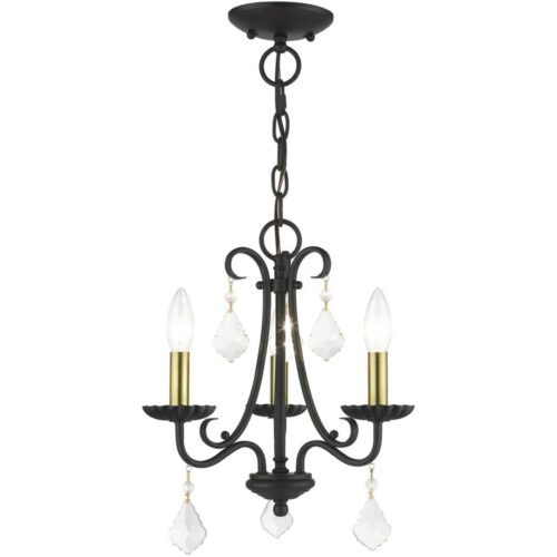 40873-04 3 Light Black Mini Chandelier with Antique Brass Finish Accents and Clear Crystals-Lighting LumensChandeliers