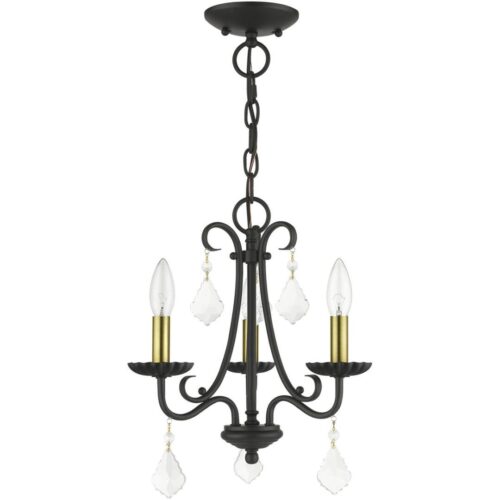 40873-04 3 Light Black Mini Chandelier with Antique Brass Finish Accents and Clear Crystals-Lighting LumensChandeliers