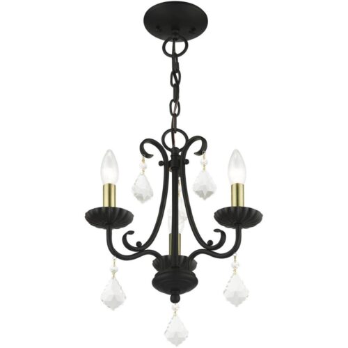 40873-04 3 Light Black Mini Chandelier with Antique Brass Finish Accents and Clear Crystals-Lighting LumensChandeliers