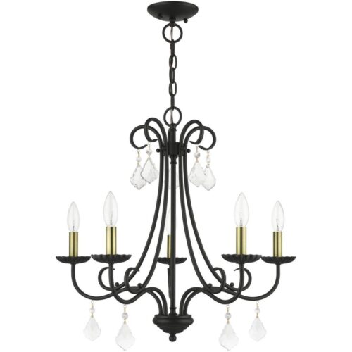 40875-04 5 Light Black Chandelier with Antique Brass Finish Accents and Clear Crystals-Lighting LumensChandeliers