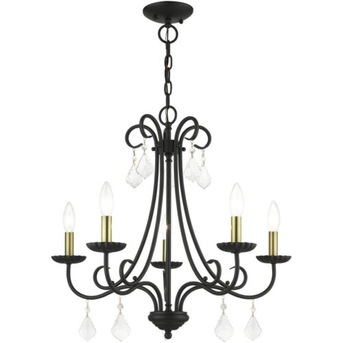 40875-04 5 Light Black Chandelier with Antique Brass Finish Accents and Clear Crystals-Lighting LumensChandeliers