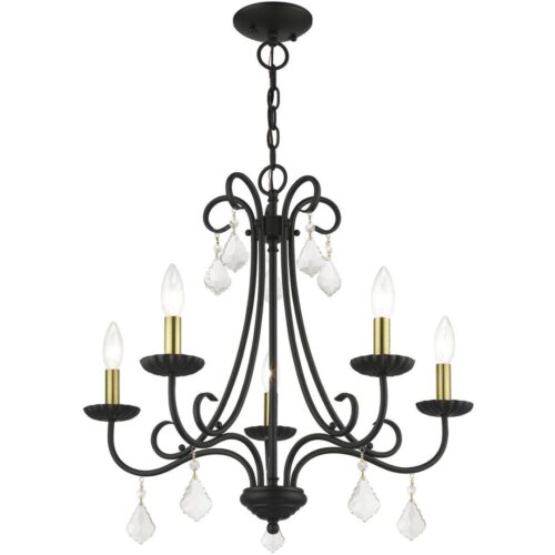 40875-04 5 Light Black Chandelier with Antique Brass Finish Accents and Clear Crystals-Lighting LumensChandeliers