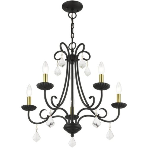 40875-04 5 Light Black Chandelier with Antique Brass Finish Accents and Clear Crystals-Lighting LumensChandeliers