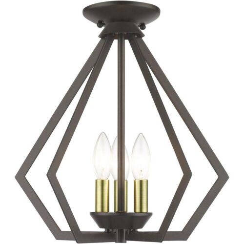 40923-92 3 Light English Bronze Semi-Flush / Small Pendant with Antique Brass Finish Accents-Lighting LumensSemi Flush