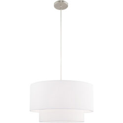 1 Light Brushed Nickel Pendant Chandelier with Hand Crafted Off-White Fabric Hardback Shade-Lighting LumensChandeliers