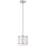 1 Light Brushed Nickel Mini Pendant with Hand Crafted Off-White Fabric Outside & White Fabric Inside Hardback Shade Shade-Lighting LumensPendant Lights