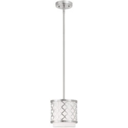 1 Light Brushed Nickel Mini Pendant with Hand Crafted Off-White Fabric Outside & White Fabric Inside Hardback Shade Shade-Lighting LumensPendant Lights