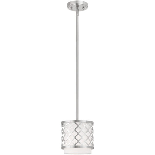 1 Light Brushed Nickel Mini Pendant with Hand Crafted Off-White Fabric Outside & White Fabric Inside Hardback Shade Shade-Lighting LumensPendant Lights