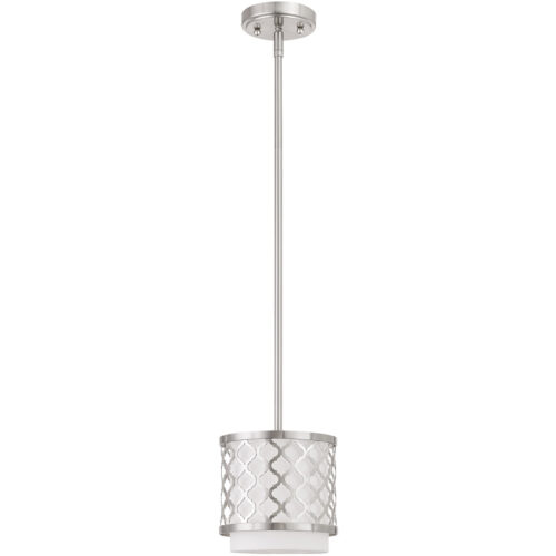 1 Light Brushed Nickel Mini Pendant with Hand Crafted Off-White Fabric Outside & White Fabric Inside Hardback Shade Shade-Lighting LumensPendant Lights