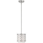 1 Light Brushed Nickel Mini Pendant with Hand Crafted Off-White Fabric Outside & White Fabric Inside Hardback Shade Shade-Lighting LumensPendant Lights