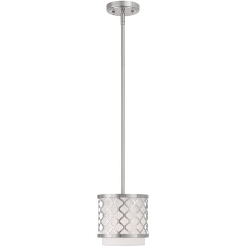 1 Light Brushed Nickel Mini Pendant with Hand Crafted Off-White Fabric Outside & White Fabric Inside Hardback Shade Shade-Lighting LumensPendant Lights