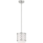 1 Light Brushed Nickel Mini Pendant with Hand Crafted Off-White Fabric Outside & White Fabric Inside Hardback Shade Shade-Lighting LumensPendant Lights