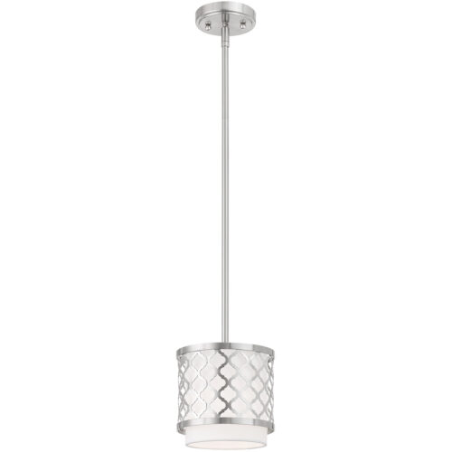 1 Light Brushed Nickel Mini Pendant with Hand Crafted Off-White Fabric Outside & White Fabric Inside Hardback Shade Shade-Lighting LumensPendant Lights