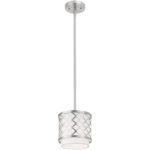 1 Light Brushed Nickel Mini Pendant with Hand Crafted Off-White Fabric Outside & White Fabric Inside Hardback Shade Shade-Lighting LumensPendant Lights