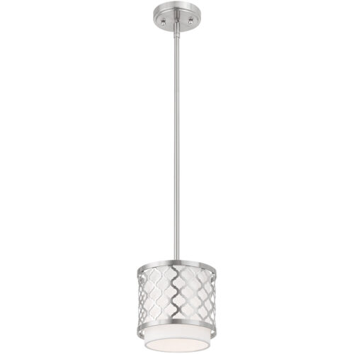 1 Light Brushed Nickel Mini Pendant with Hand Crafted Off-White Fabric Outside & White Fabric Inside Hardback Shade Shade-Lighting LumensPendant Lights