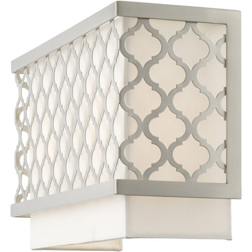 13 inch 2 Light Brushed Nickel ADA Wall Sconce with Hand Crafted Off-White Fabric Outside & White Fabric Inside Hardback Shade Shade-Lighting LumensWall Sconces