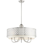 6 Light Brushed Nickel Pendant Chandelier with Hand Crafted Off-White Fabric Shade-Lighting LumensChandeliers