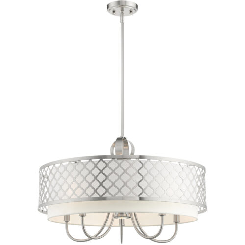 6 Light Brushed Nickel Pendant Chandelier with Hand Crafted Off-White Fabric Shade-Lighting LumensChandeliers