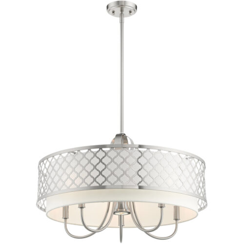 6 Light Brushed Nickel Pendant Chandelier with Hand Crafted Off-White Fabric Shade-Lighting LumensChandeliers