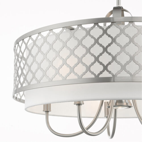 6 Light Brushed Nickel Pendant Chandelier with Hand Crafted Off-White Fabric Shade-Lighting LumensChandeliers