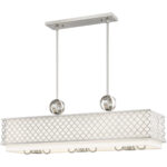 12.5 inch 6 Light Brushed Nickel Linear Chandelier with Hand Crafted Off-White Fabric Shade-Lighting LumensChandeliers