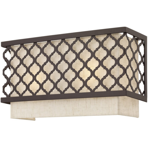 13 inch 2 Light English Bronze ADA Wall Sconce with Hand Crafted Oatmeal Color Fabric Outside & White Fabric Inside Hardback Shade Shade-Lighting LumensWall Sconces