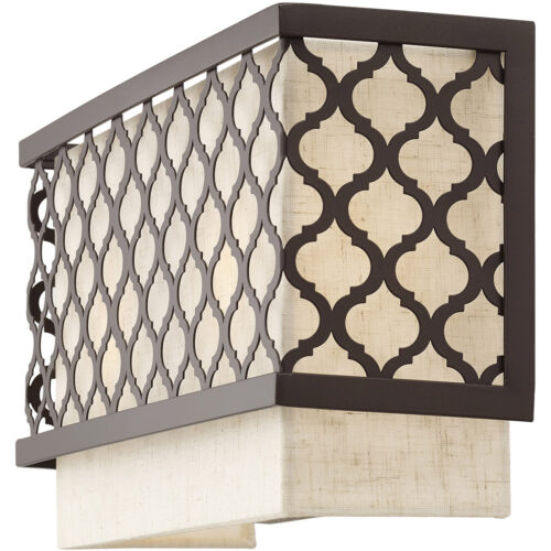 13 inch 2 Light English Bronze ADA Wall Sconce with Hand Crafted Oatmeal Color Fabric Outside & White Fabric Inside Hardback Shade Shade-Lighting LumensWall Sconces