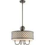 5 Light English Bronze Pendant Chandelier with Hand Crafted Oatmeal Color Fabric Shade-Lighting LumensChandeliers