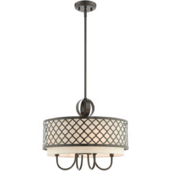 5 Light English Bronze Pendant Chandelier with Hand Crafted Oatmeal Color Fabric Shade-Lighting LumensChandeliers