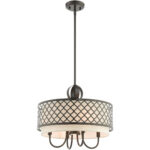 5 Light English Bronze Pendant Chandelier with Hand Crafted Oatmeal Color Fabric Shade-Lighting LumensChandeliers