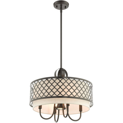 5 Light English Bronze Pendant Chandelier with Hand Crafted Oatmeal Color Fabric Shade-Lighting LumensChandeliers