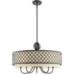 6 Light English Bronze Pendant Chandelier with Hand Crafted Oatmeal Color Fabric Shade-Lighting LumensChandeliers