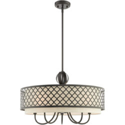 6 Light English Bronze Pendant Chandelier with Hand Crafted Oatmeal Color Fabric Shade-Lighting LumensChandeliers