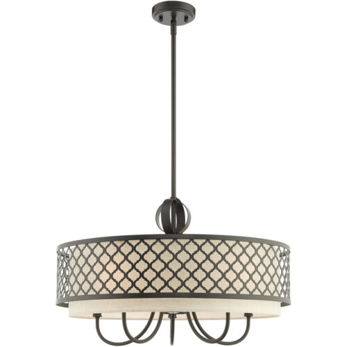 6 Light English Bronze Pendant Chandelier with Hand Crafted Oatmeal Color Fabric Shade-Lighting LumensChandeliers