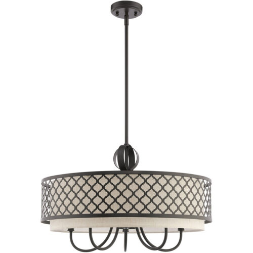 6 Light English Bronze Pendant Chandelier with Hand Crafted Oatmeal Color Fabric Shade-Lighting LumensChandeliers