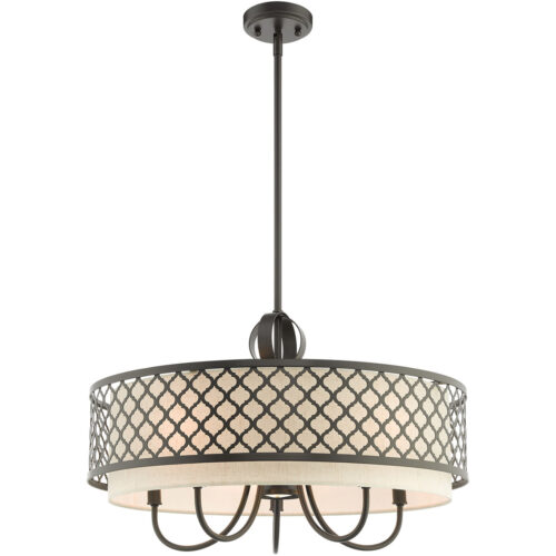 6 Light English Bronze Pendant Chandelier with Hand Crafted Oatmeal Color Fabric Shade-Lighting LumensChandeliers