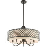 6 Light English Bronze Pendant Chandelier with Hand Crafted Oatmeal Color Fabric Shade-Lighting LumensChandeliers