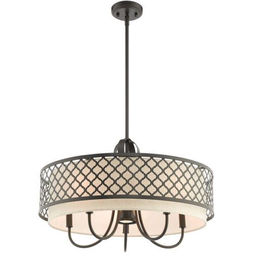 6 Light English Bronze Pendant Chandelier with Hand Crafted Oatmeal Color Fabric Shade-Lighting LumensChandeliers