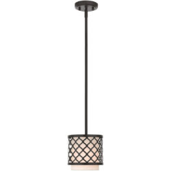 1 Light English Bronze Mini Pendant with Hand Crafted Oatmeal Color Fabric Outside & White Fabric Inside Hardback Shade Shade-Lighting LumensPendant Lights